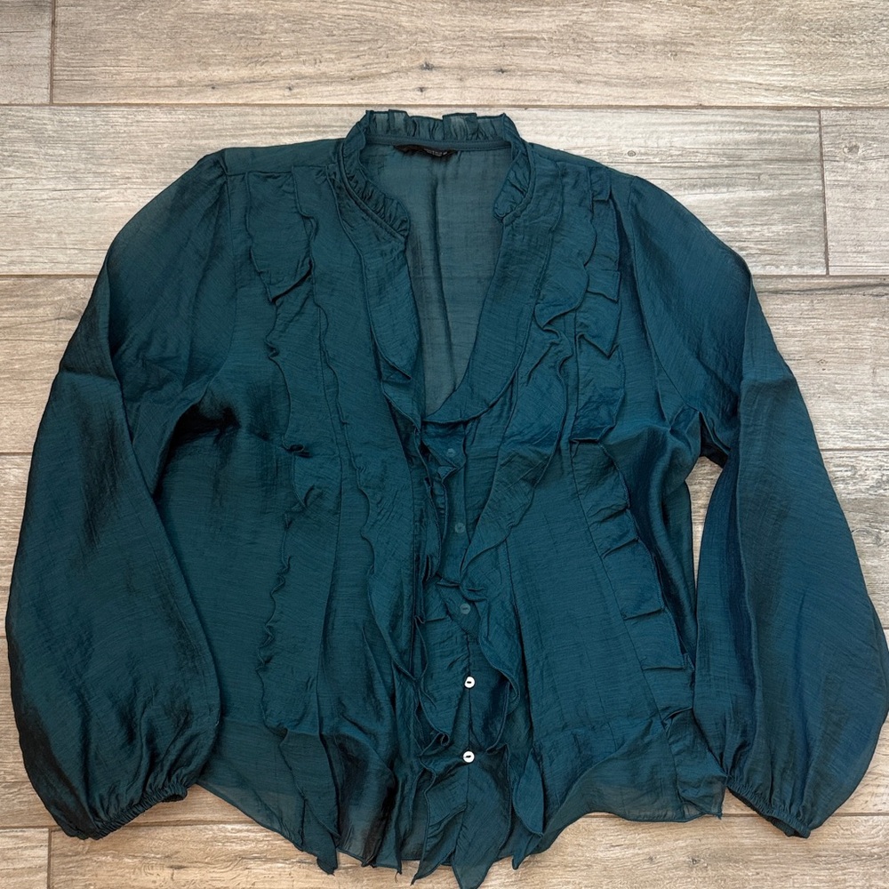 NWOT Zara Teal Ruffle-Front Button Blouse